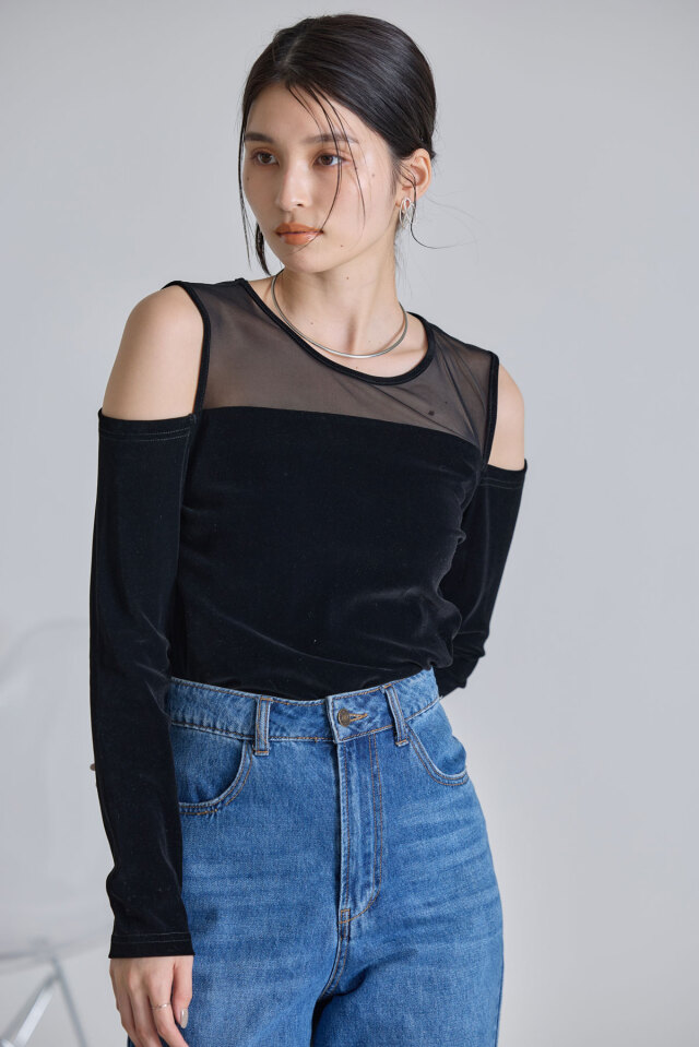 美香さんコラボ】ショルダー開きシアーベロアトップス