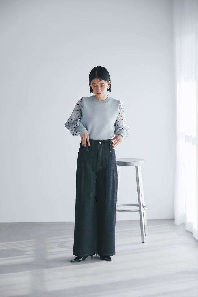 M'S GRACY✨フラワーモチーフ シアースリーブ ニット 38　ホワイト フロッキードットシアースリーブニットプルオーバー