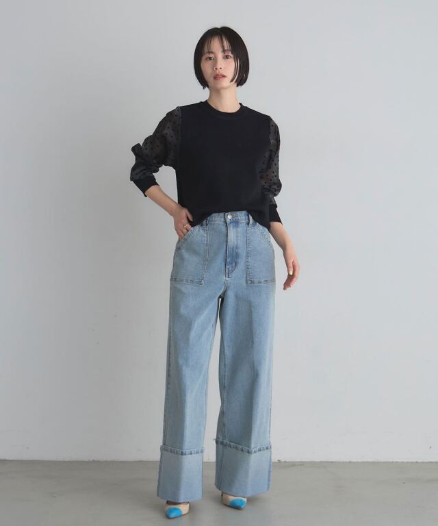 フロッキードットシアースリーブニットプルオーバー
