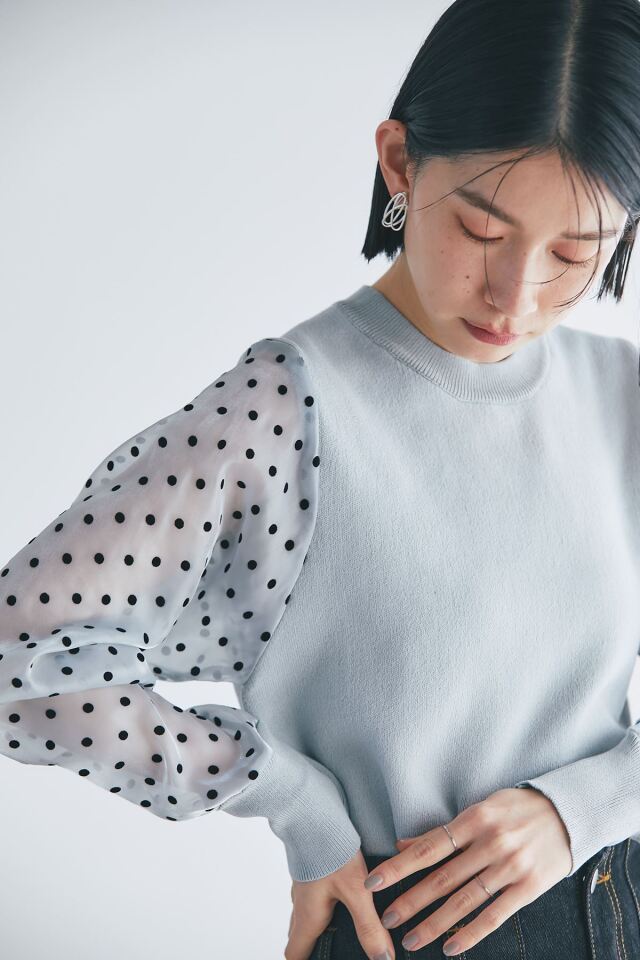 フロッキードットシアースリーブニットプルオーバー