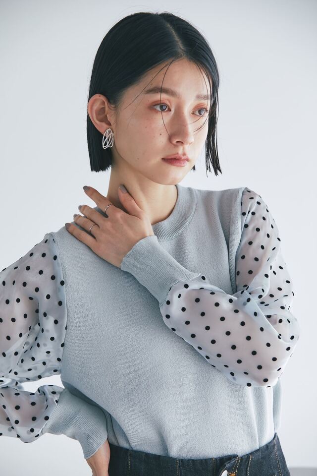 フロッキードットシアースリーブニットプルオーバー