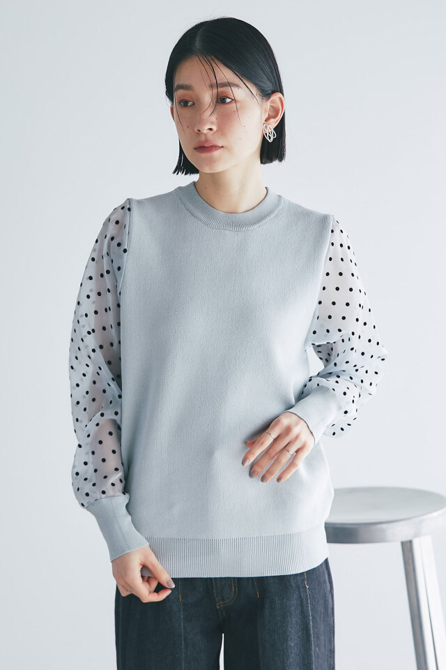 フロッキードットシアースリーブニットプルオーバー
