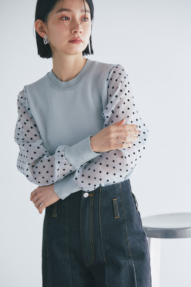 フロッキードットシアースリーブニットプルオーバー