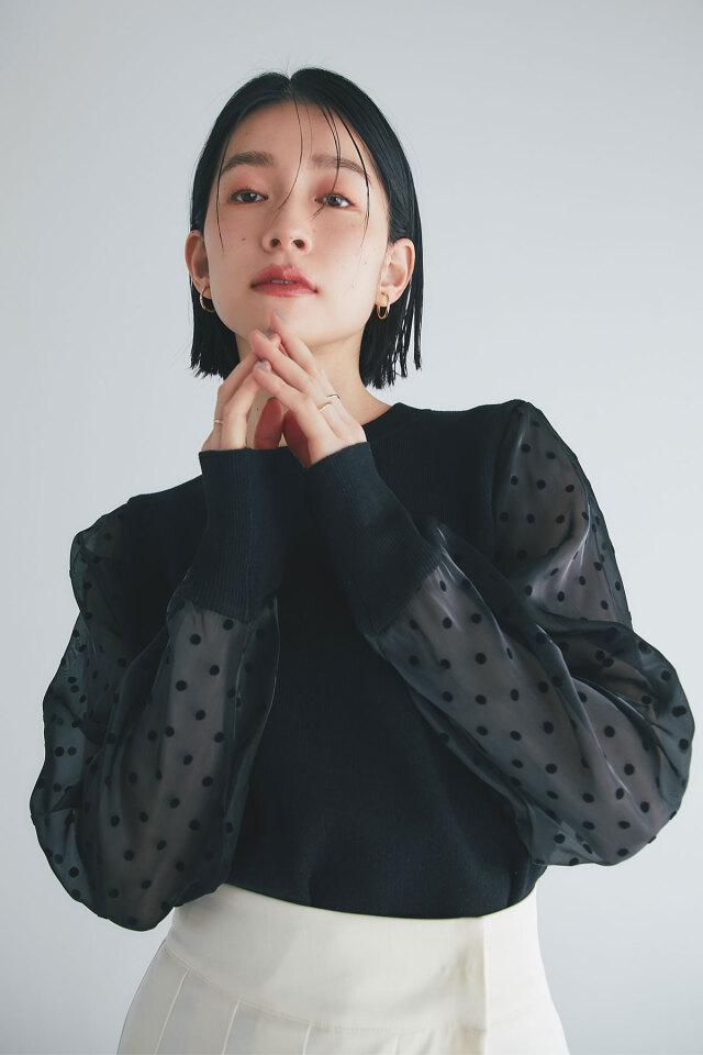 フロッキードットシアースリーブニットプルオーバー