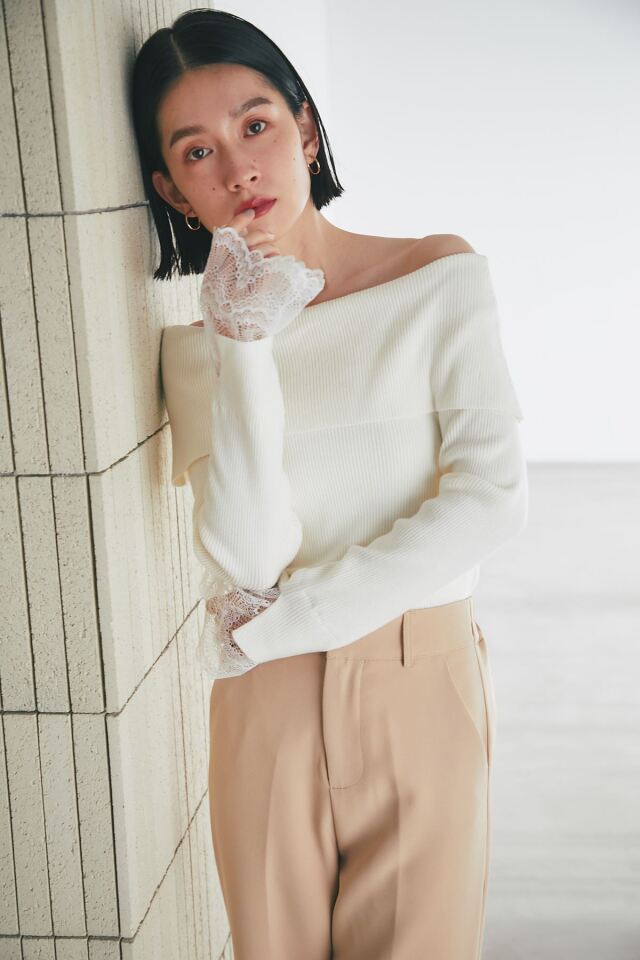 袖レースオフショルリブニットプルオーバー