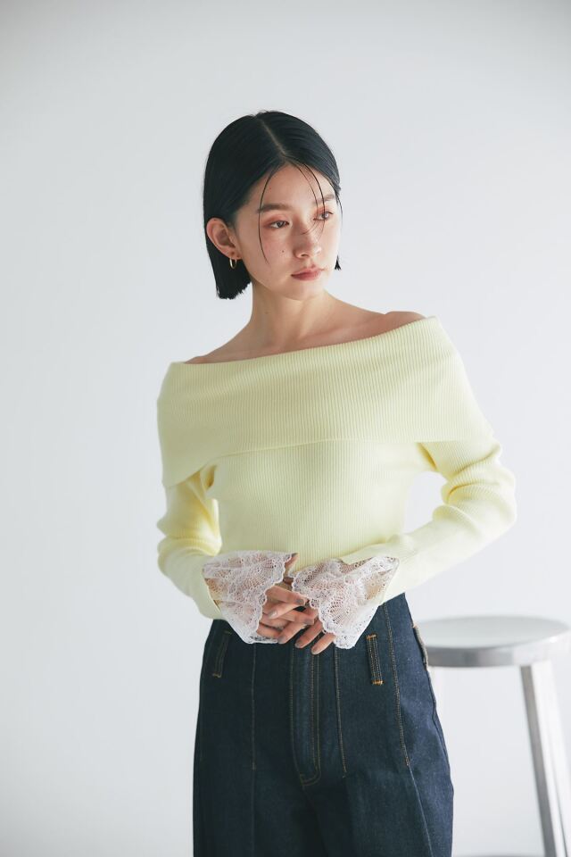袖レースオフショルリブニットプルオーバー