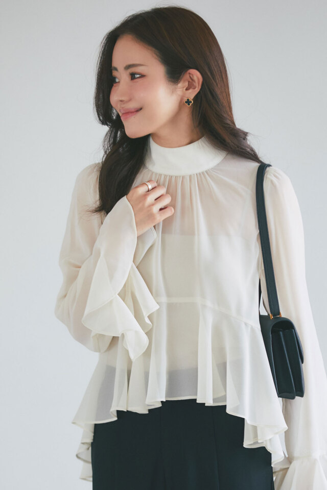 【2025 Summer SALE！】【mana maruyamaさんコラボ】ハイネックシアーフリルブラウス＊SALE品につき返品/交換/注文確定後の変更キャンセル不可＊