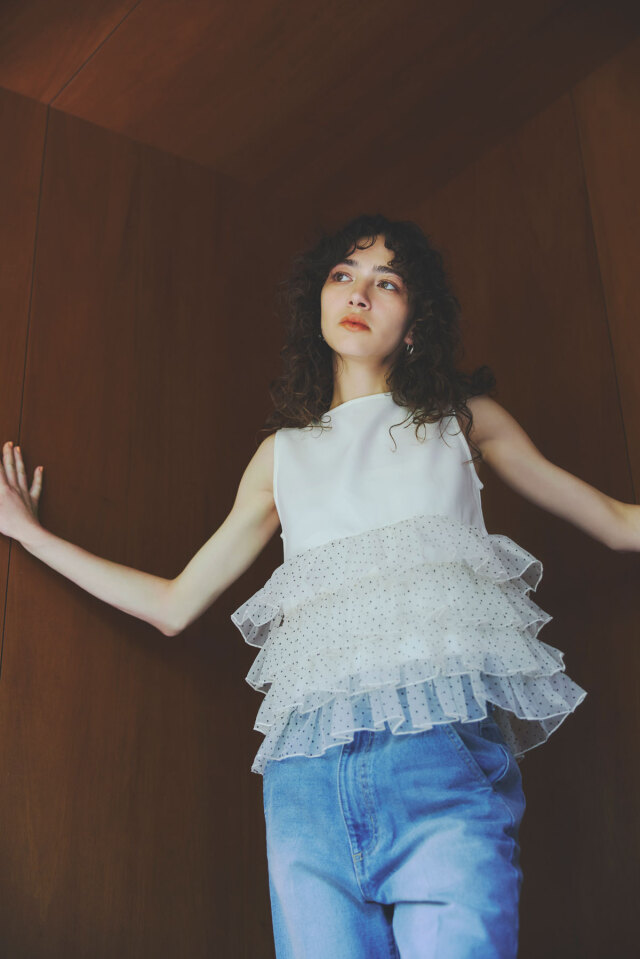 シェリエ　sheller  ドットフリルトップス　トップス　カットソー　ドッ Frill A-line cut tops フリルAラインカットトップス（Tシャツ