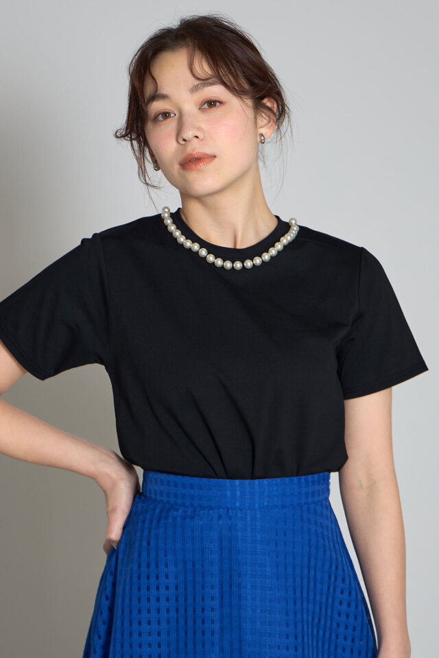 ミカーレミカーレ　パール付きモチーフTシャツ ロゴ刺繍パールスタッズTシャツ(WTS6487)