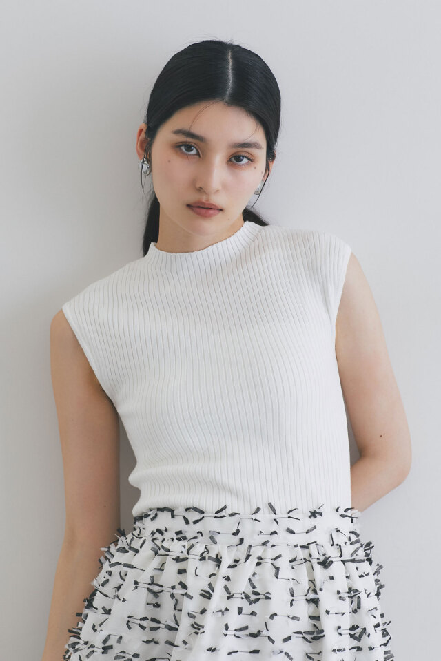 フレンチスリーブプチハイネックリブニット