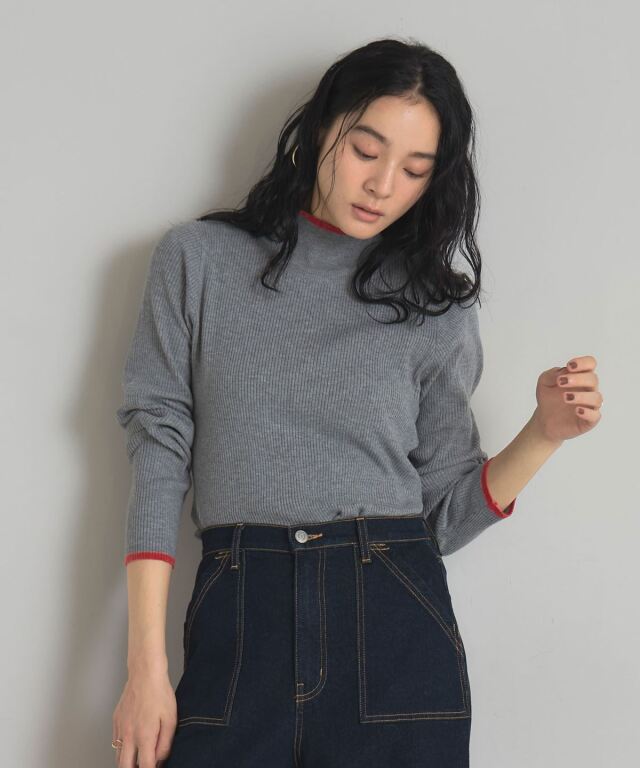 配色リブハイネックニットプルオーバー