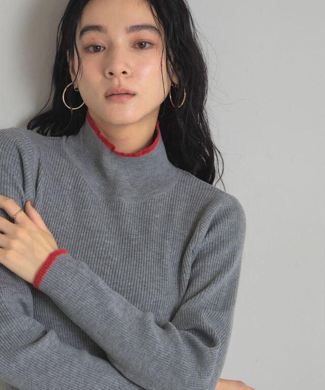 配色リブハイネックニットプルオーバー