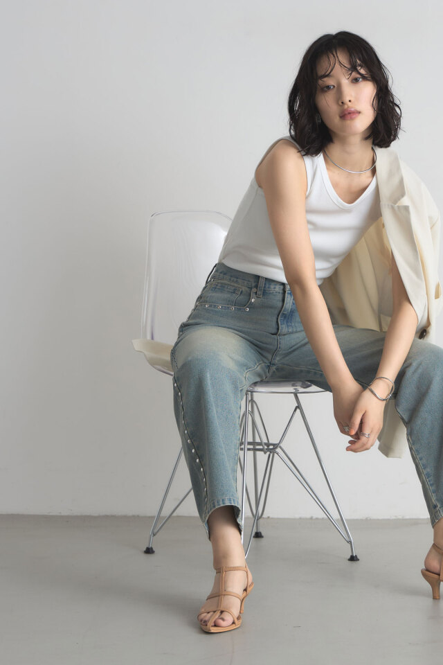 サイドスタッズストレートデニム