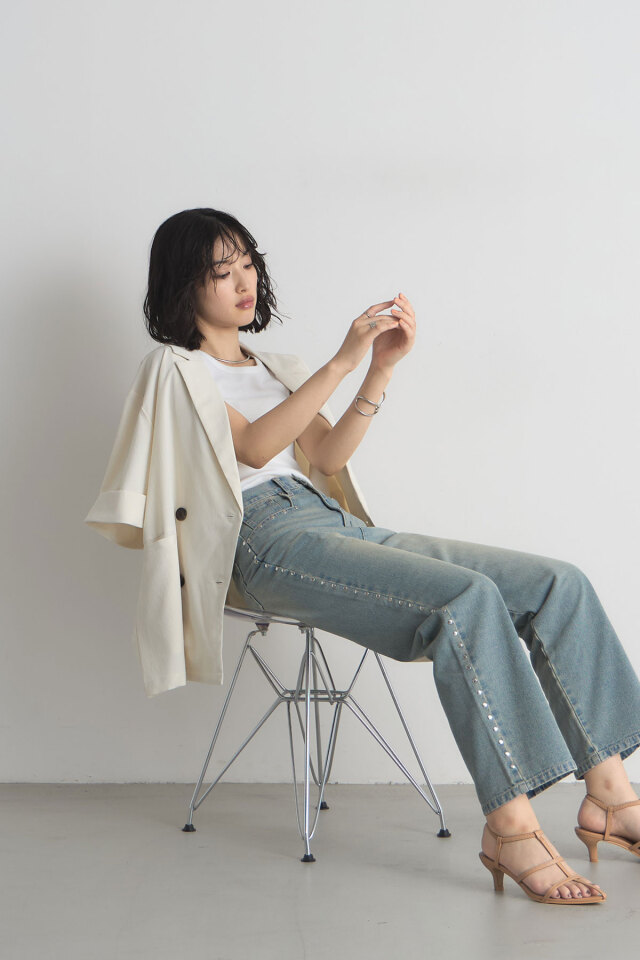 【今月まで‼️】デニム スタッズ　シングルソファ サイドスタッズストレートデニム