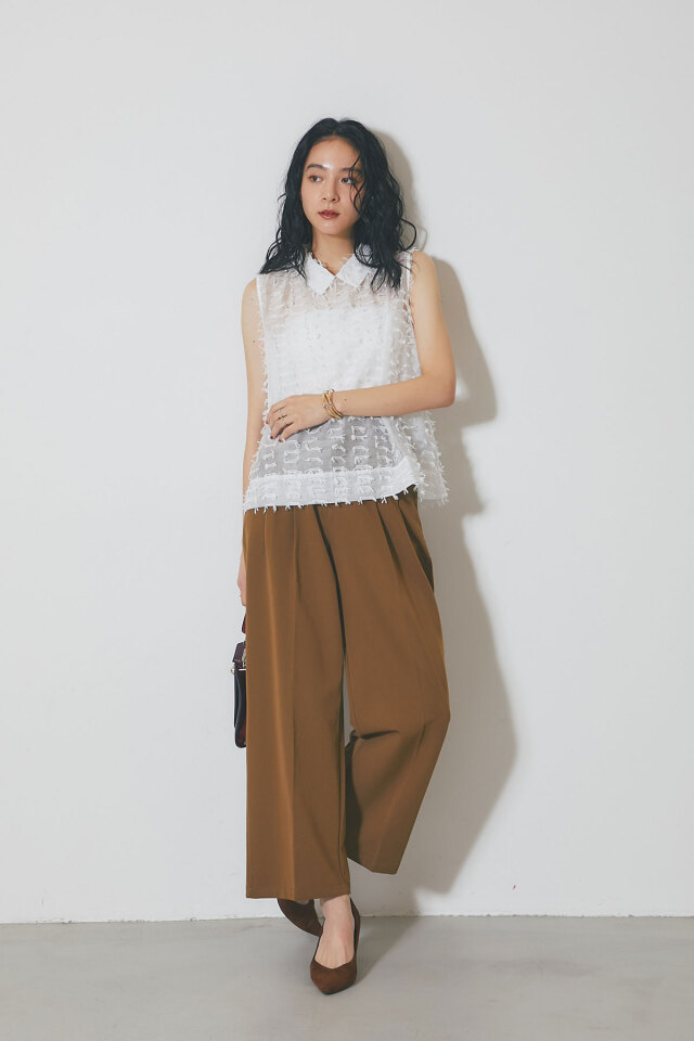 フリンジジャガードノースリーブブラウス