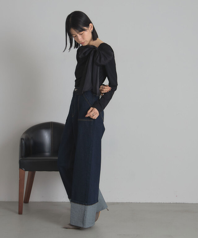 完売 新品 ビッグリボンカットソー ビックリボンドレープロングTシャツ