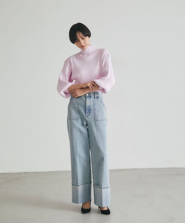【uncrave WHITE】デニムコンビ ボリュームスリーブニット ボリュームスリーブボトルネックニット