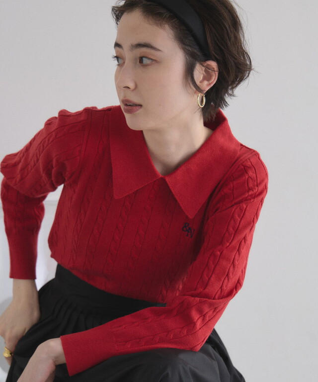 衿付きケーブルニットプルオーバー