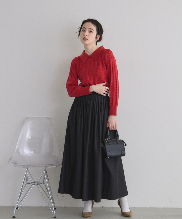 衿付きケーブルニットプルオーバー