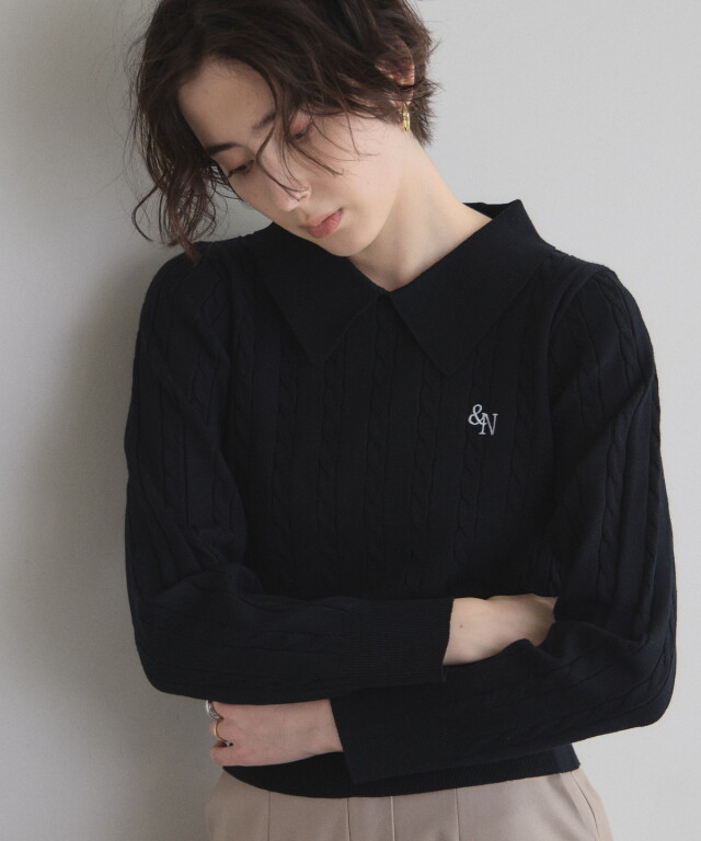 衿付きケーブルニットプルオーバー