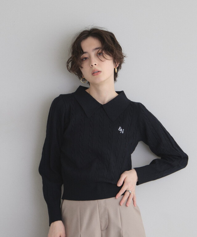 衿付きケーブルニットプルオーバー