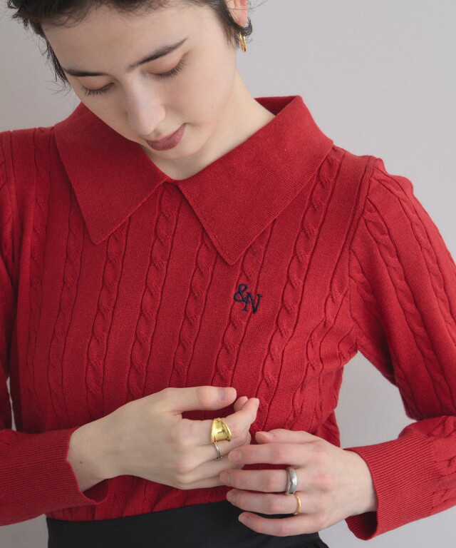 衿付きケーブルニットプルオーバー