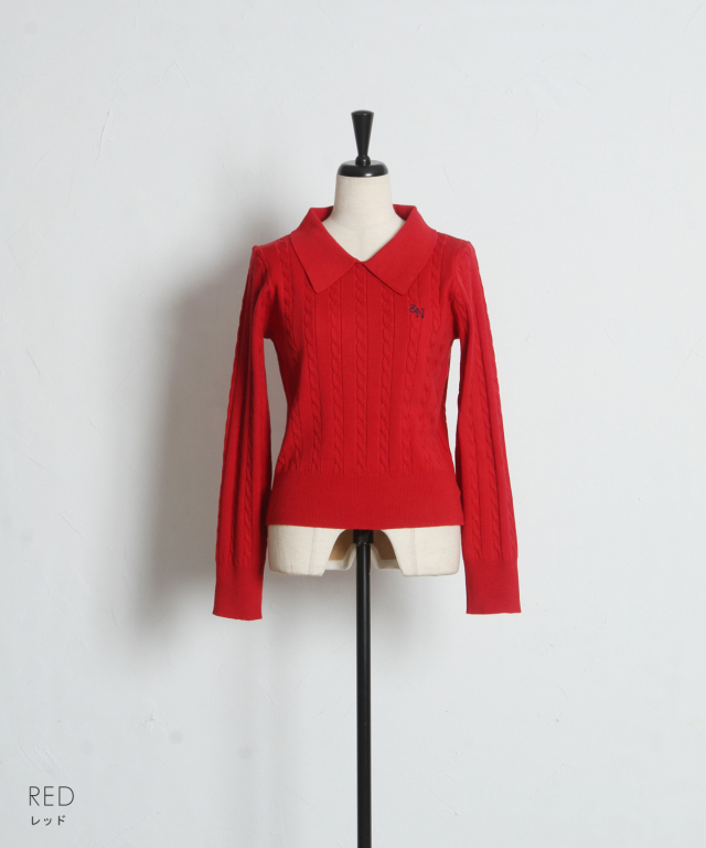 衿付きケーブルニットプルオーバー