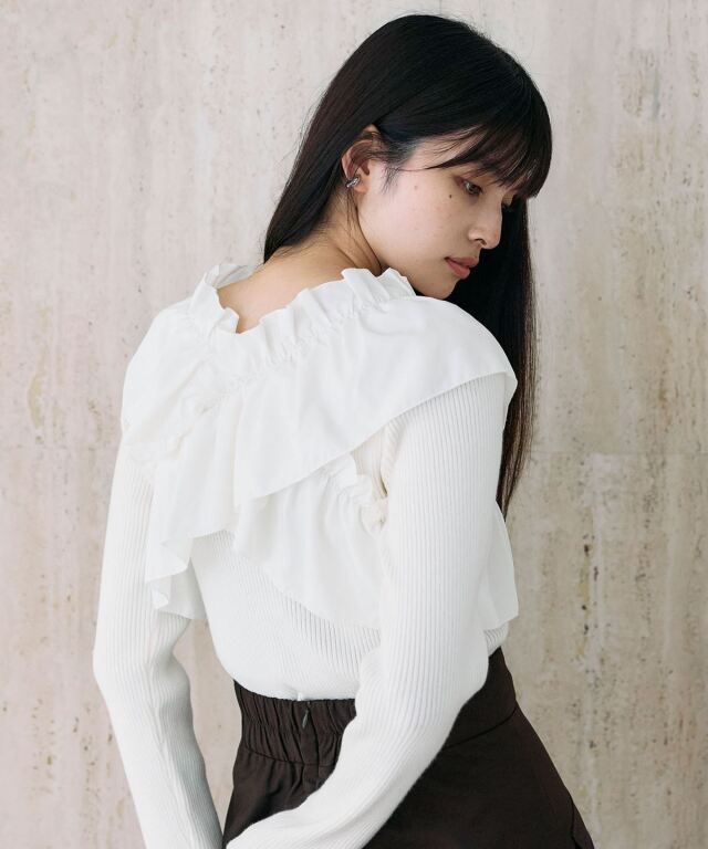 シクラス フリル袖 ニットトップス 36 洗える ｜ シアー フリル ラグラン ニット ｜ 長袖 リブニット