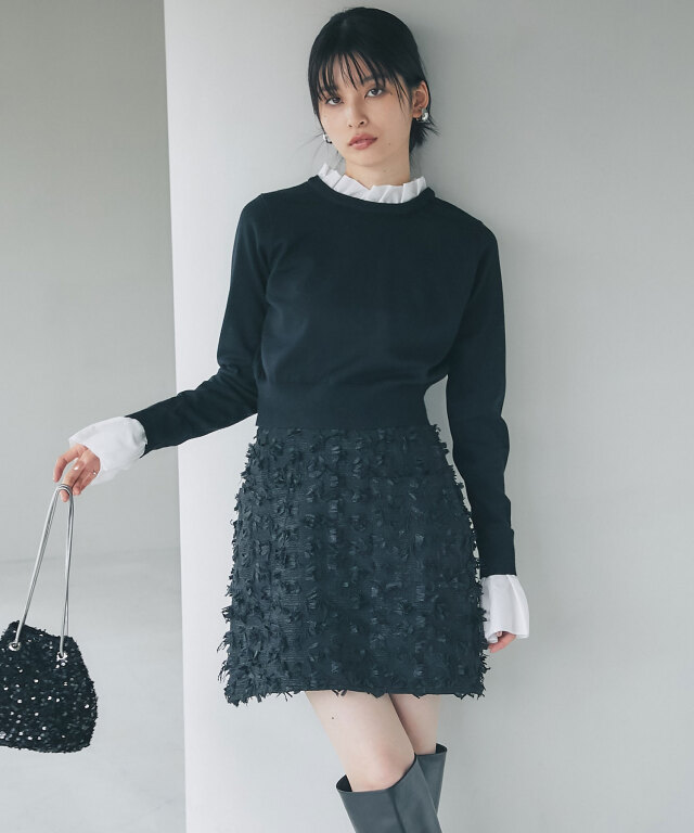 専用　19AW ドッキングニット　左胸ボタン　カーデ　フリル　ハイネック DIAVEL tシャツ 袖ストライプ柄ドッキングニットトップス/レイヤード