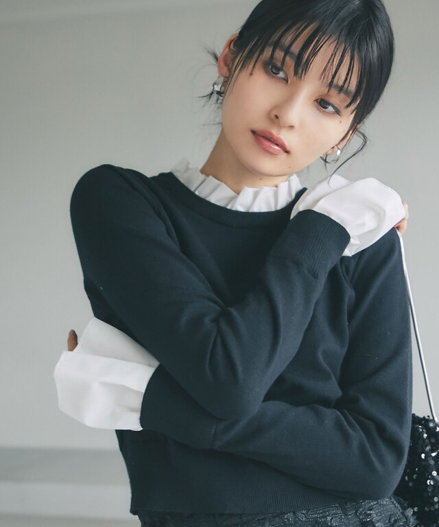 専用　19AW ドッキングニット　左胸ボタン　カーデ　フリル　ハイネック ドッキングフリルネックニット