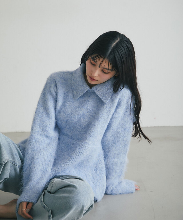 AURALEE 水色 ポロニット 襟取り外しポロニット