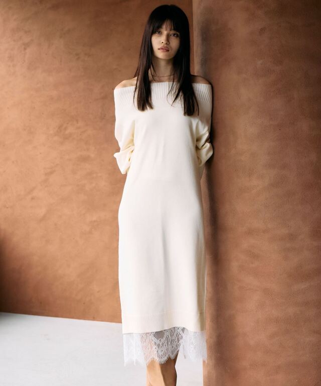 裾レースオフショルニットワンピース