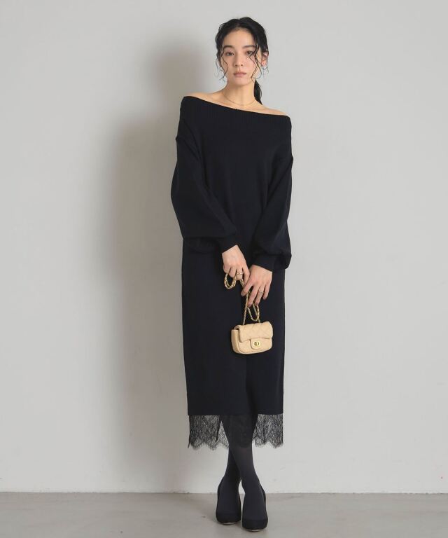 裾レースオフショルニットワンピース