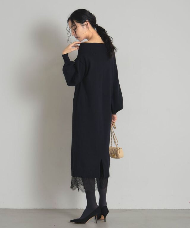 裾レースオフショルニットワンピース