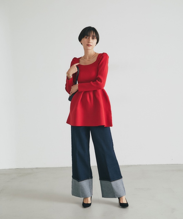 スクエアネックニットチュニック(長袖)