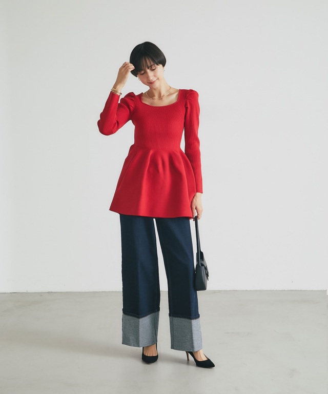 スクエアネックニットチュニック(長袖)