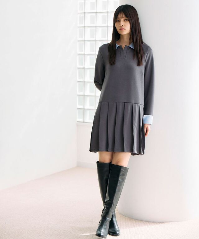 グレー 長袖 ミニワンピース プリーツ ポンチドッキングプリーツワンピース