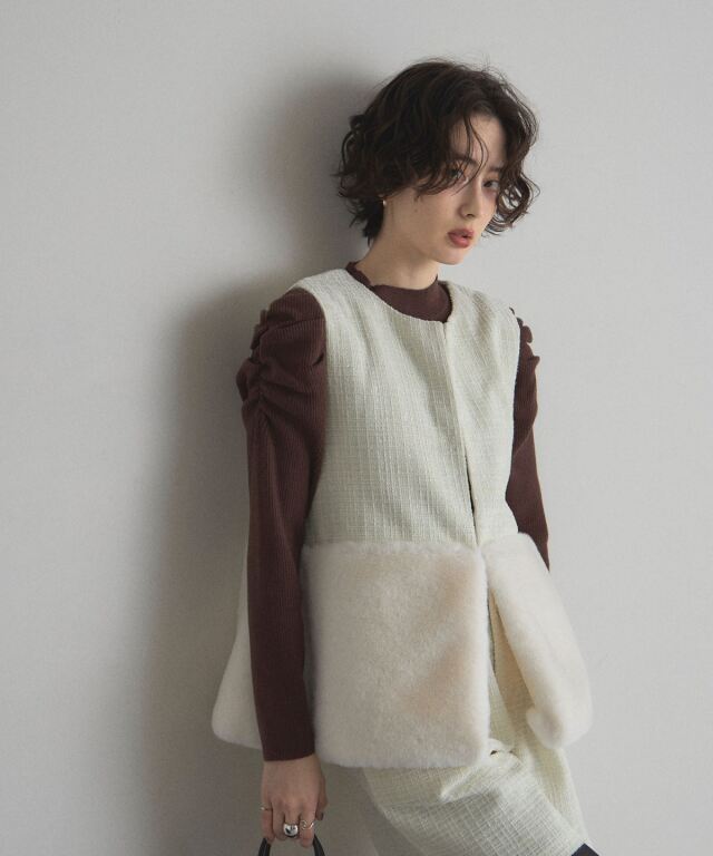 ホワイト系ツイードノースリーブジレ GIRL DRESS FOR NOW ベスト レディース おしゃれ Vネック ツイード