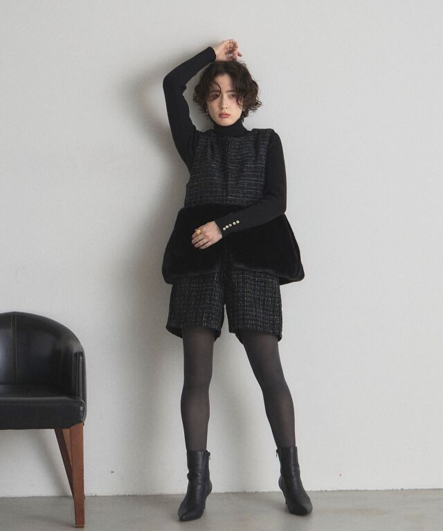 シーマリー cccmalie ツイード　ケープ　ジャケット　裾ファー 裾ファーツイードジレ