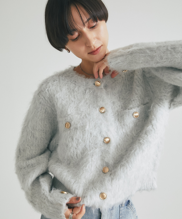 グレー ウール 手編み カーディガン フランスアンティークレース アルパカ