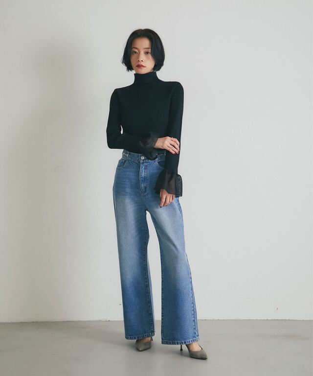 メッシュフレアスリーブニット