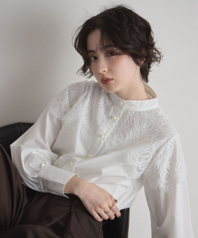 レースケープカラーパール釦シャツ