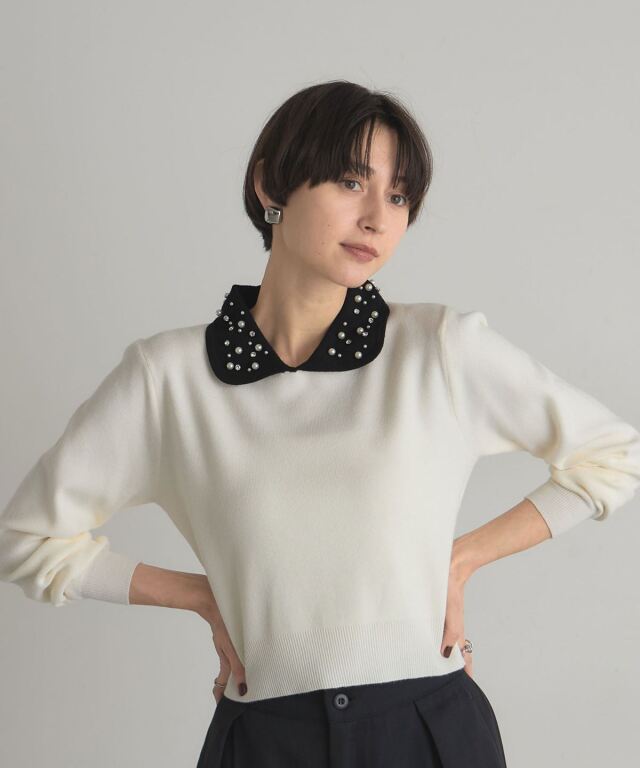 袖フラワー襟ビジューニット 手洗い可能〉フラワー ビジュー ショート スリーブ ニット プル