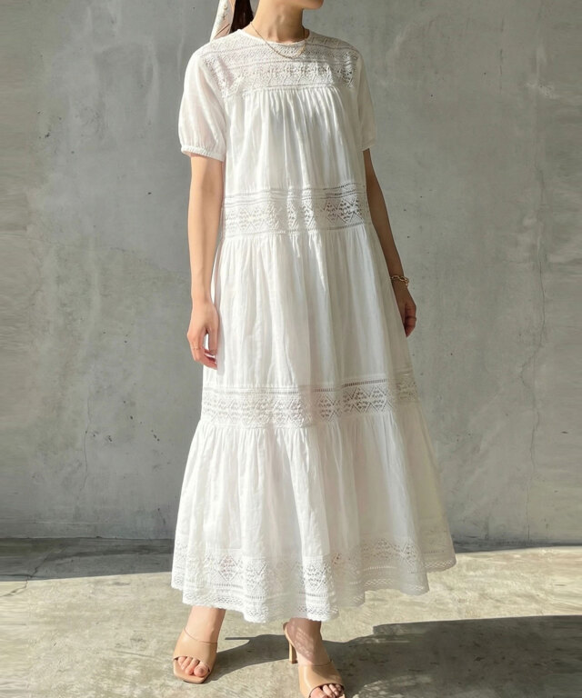 半袖コットンレース切替ワンピース