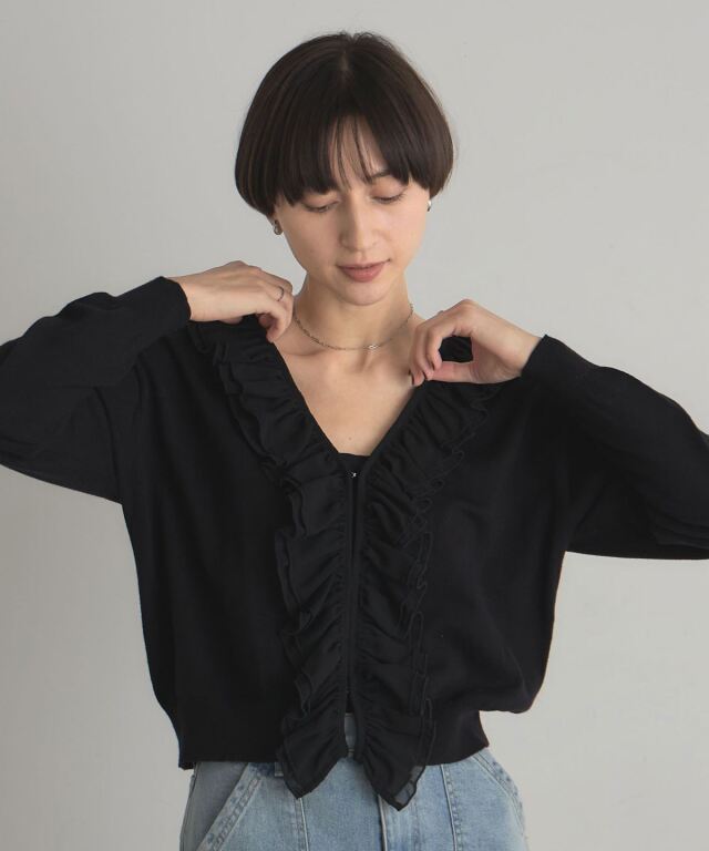 AEWEN MATOPHブラック フリルカーディガン シフォンフリルカーディガン