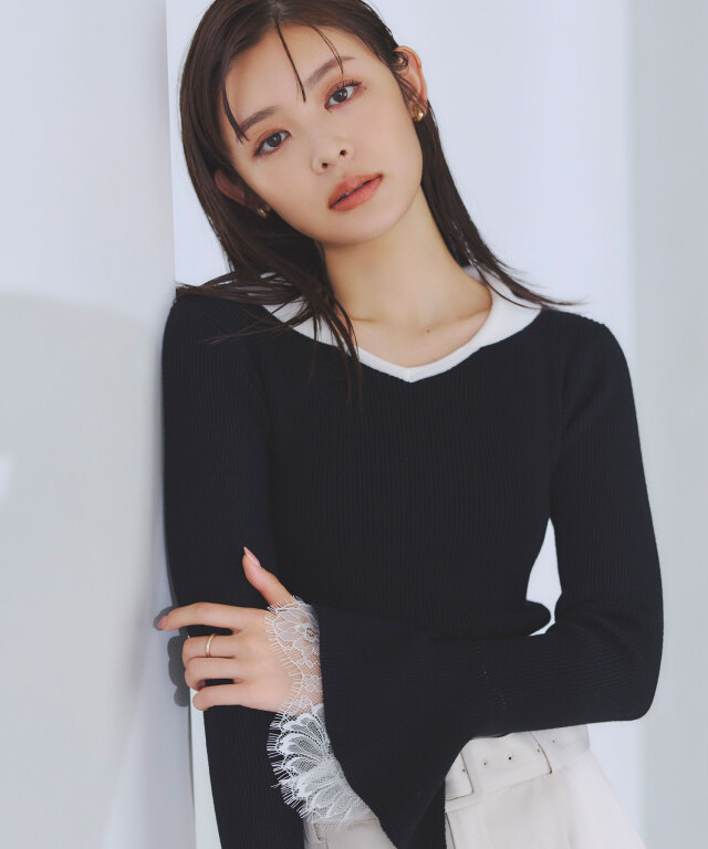 【古畑星夏さん着用】袖レースレイヤードバイカラー襟ニットプルオーバー