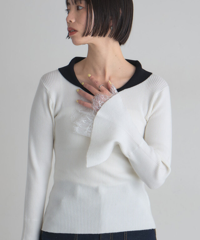 袖レースレイヤードバイカラー襟ニットプルオーバー