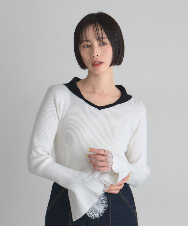 袖レースレイヤードバイカラー襟ニットプルオーバー