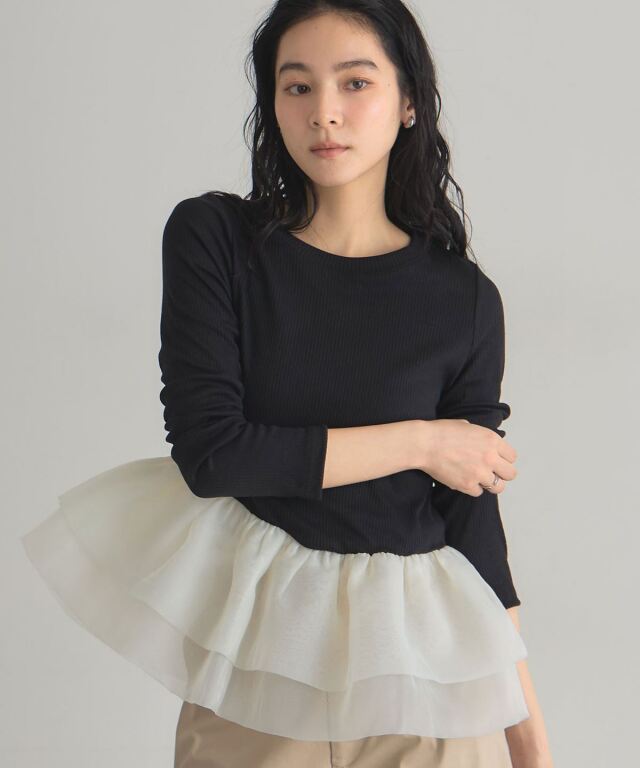 latte620　レディース　BLK S ボリュームフリルカットソー