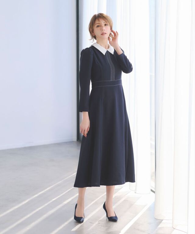 【美香さん着用】2WAY襟配色ステッチワンピース